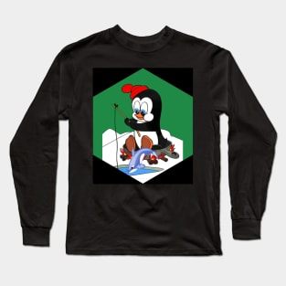 Penguin Cartoon Ice Fishing Pop Art Abstract Print Long Sleeve T-Shirt